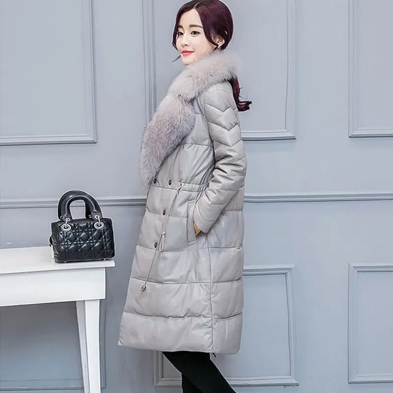 Lusumily женская зимняя кожаная куртка с воротником из искусственного лисьего меха