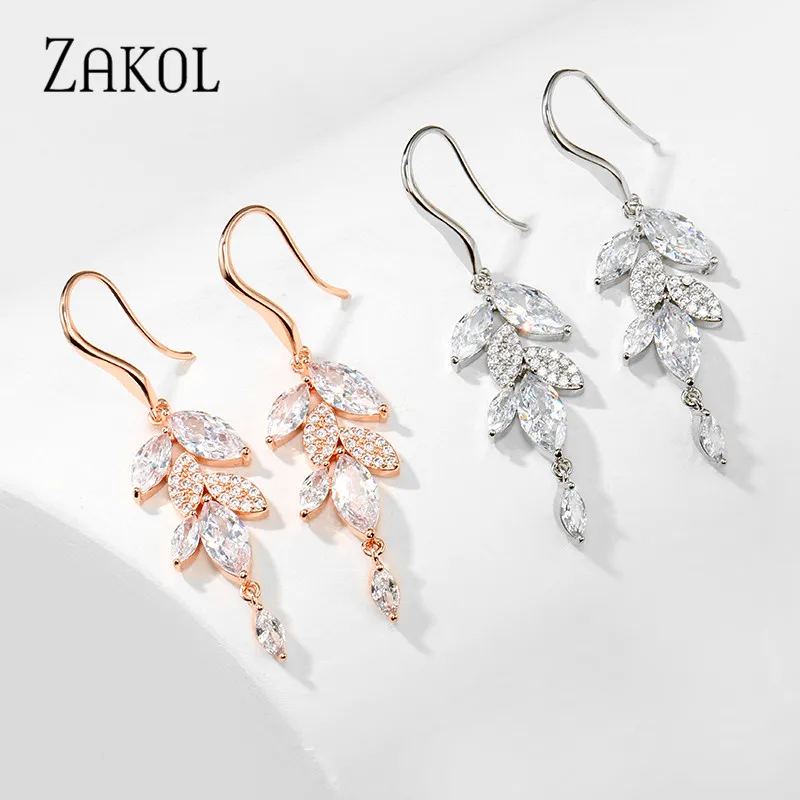 ZAKOL Модные женские филиал прозрачный фианит длинные роскошные серьги для женщин