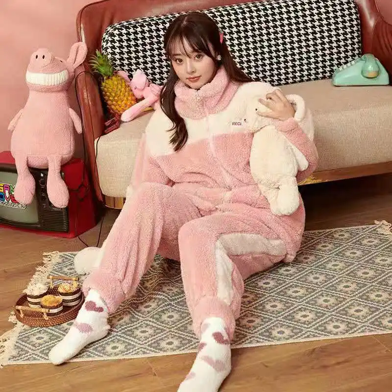 Coral Fleece Pajamas Sets For Women Sleepwear Flannel Winter Thick Warm Pyjamas for Women Homewear Clothes conjunto femenino