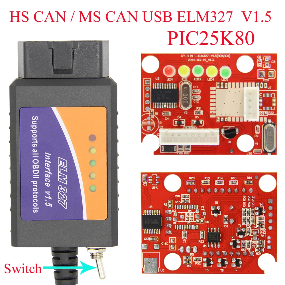 ELM327 V1.5 PIC18F25K80 HS MS CAN ELM 327 OBD2 переключатель USB сканер для Ford Forscan ELMconfig автомобиля