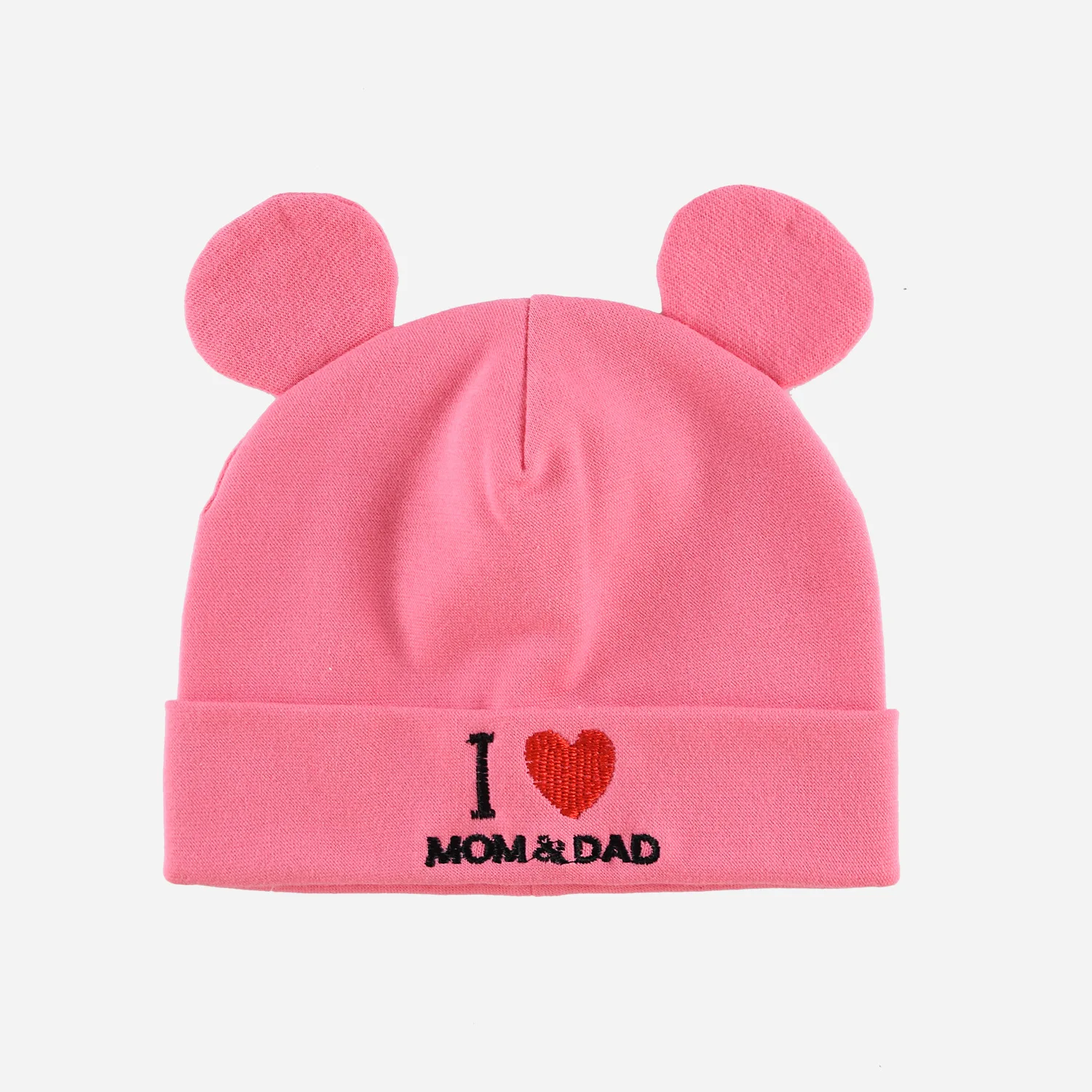 pink Мягкая хлопковая шапка с ушками для маленьких мальчиков; шапка для новорожденных; милая Шапка-бини для малышей; шапки для мальчиков и девочек; Skullies; детская шапочка с надписью «I Love Mama Dad» - Цвет: pink