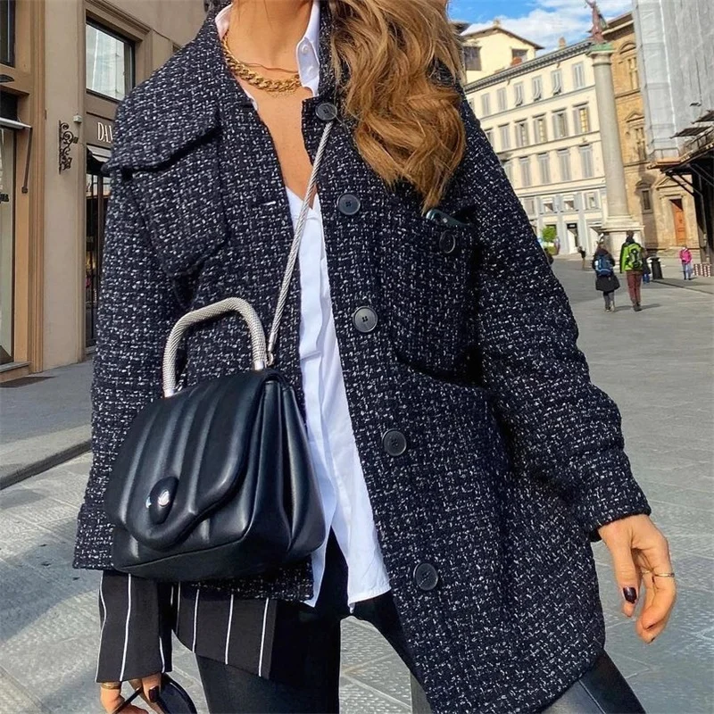 

TRAF Women 2020 Fashion Oversized Frayed Tweed Jacket Coat Vintage Long Sleeve Pockets Female Outerwear Streetwear