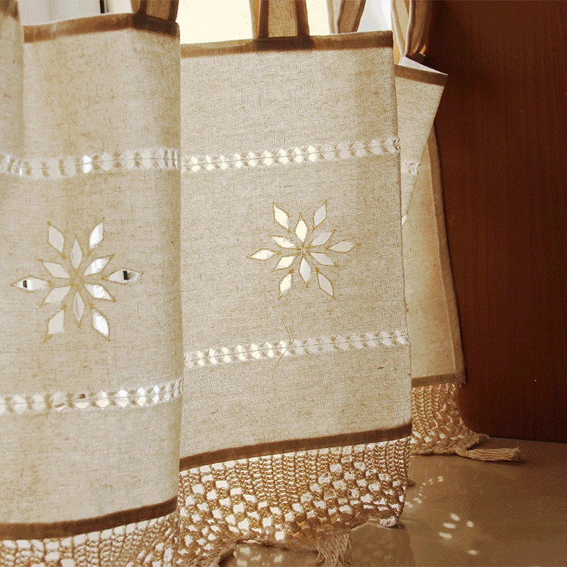 New 1PC Cotton Linen Half-curtain Handmade Tassel Embroideried Floral Kitchen Curtains Pastoral Short Panel Curtain for Cafe |