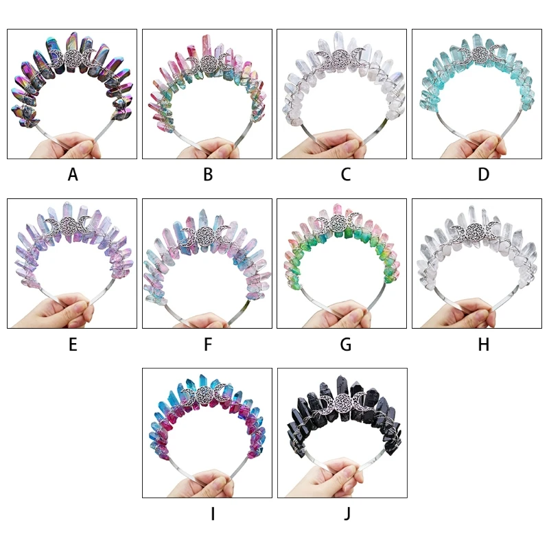 

Multicolor Raw Crystal Quartz Headband Crown Boho Hollow Out Metal Moon Tiara Hair Hoop Women Bride Wedding Headdress
