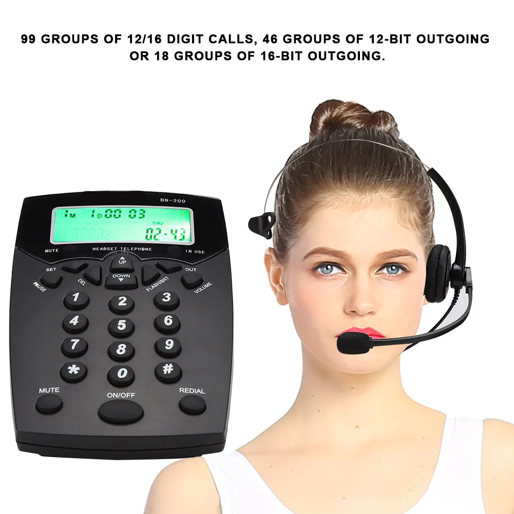 

Business Telephone With Corded Headset Call Center Phone Dial Pad LCD Display FSK/DTMF 99 Groups Of 12/16 Digit RJ-11 2.5mm Jack