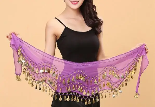 Женский набедренный платок для танца живота трёхрядный пояс-юбка с золотым тоном