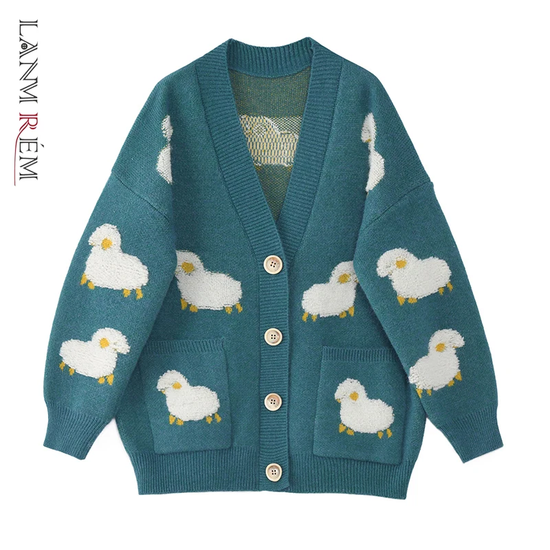 

LANMREM 2021 Winter New Knitted Cardigan Women Long Sleeve V-neck Little Sheep Jacquard Sweater Female Fashion 2W731