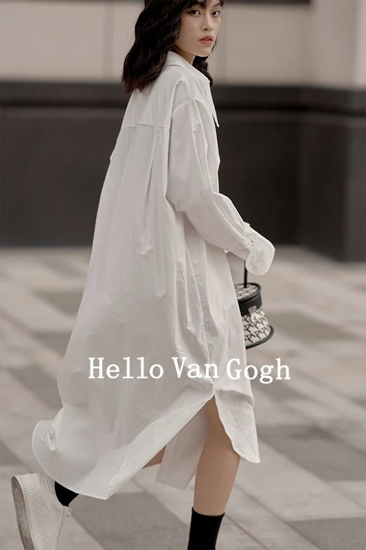 

IEQJ 2021 new spring and summer fashion women clothes single breasted shirt white dress female vestido tide WP57700 loose
