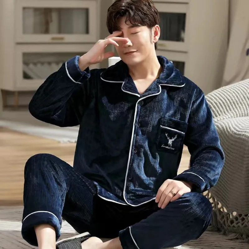 Winter Pajamas Set Casual PJS For Man Cartoon Warm Long Homewear Men's Flannel Thick Pajama Fashion Clothes Big Size 2PCS/SET