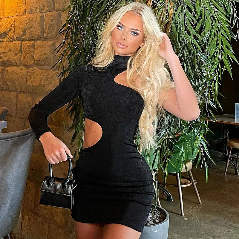 

Solid Single Shoulder Long Sleeve Turtleneck Hollow Out Mini Dress 2022 Fall Bodycon Party Elegant Streetwear Vestidos
