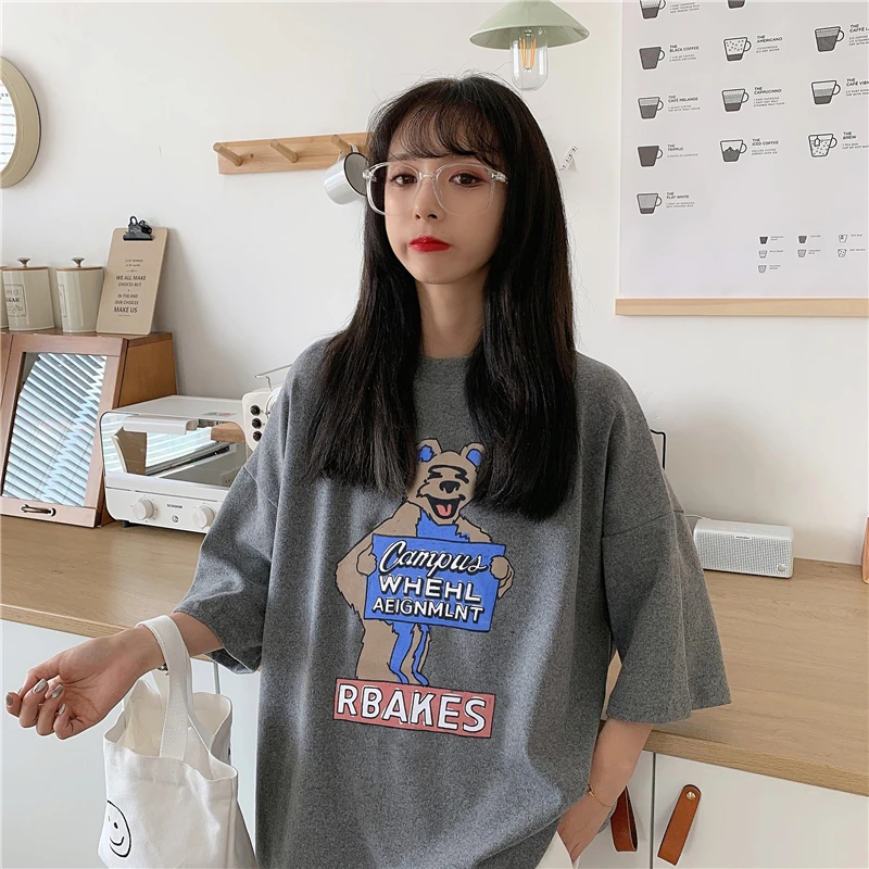 

Women's summer Korean version of fun cartoon printing oversized short-sleeved T-shirt trend loose O-neck female top T-shirt New
