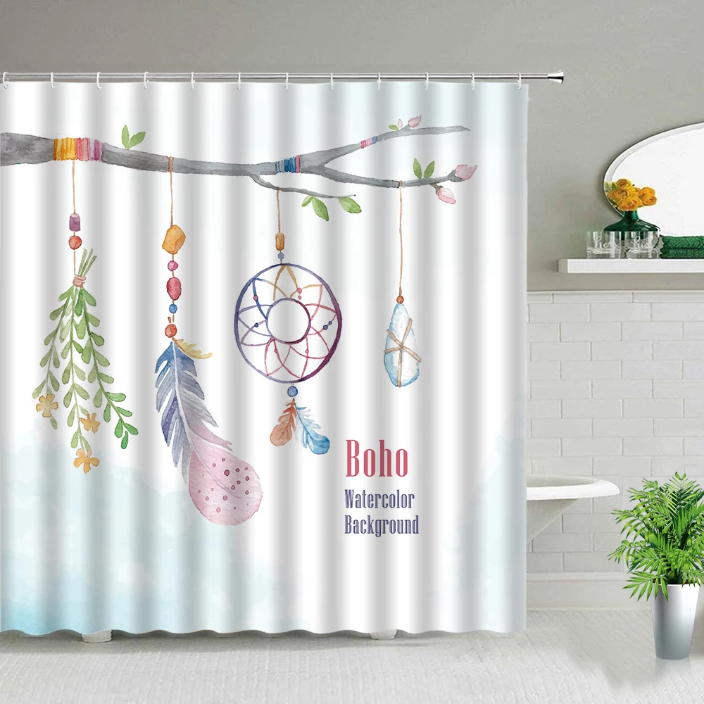 

Dream Feather Pattern Printed Bathroom Shower Curtains Bohemian Art Waterproof Bath Curtain Set Bathtub Home Decor Cloth Screen