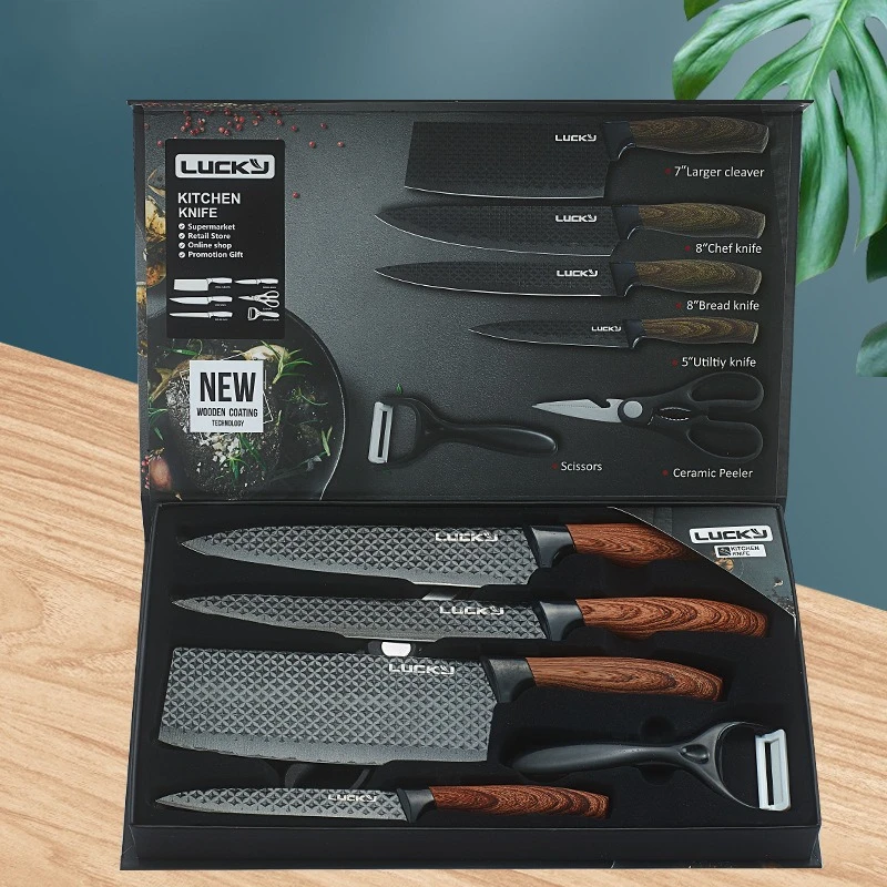 

Six Piece Knife Set Stainless Steel Non-Stick Kitchen Knives with Scissors Peeler Quality Cleaver Bread Chef Utiltity Knife