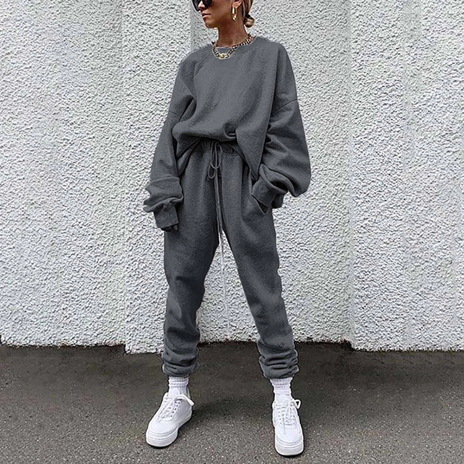 Женский Теплый мягкий полноразмерный костюм однотонный свободный свитер с