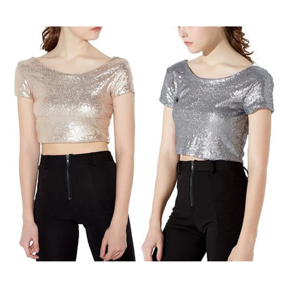 Женский однотонный пуловер с коротким рукавом и блестками круглым вырезом