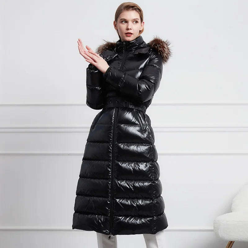 Женский пуховик с капюшоном длинная непромокаемая парка на утином пуху