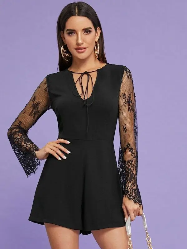 

New Women V Neck Playsuit Short Pants Lace Long Sleeve Splice Romper Jumpsuit CA