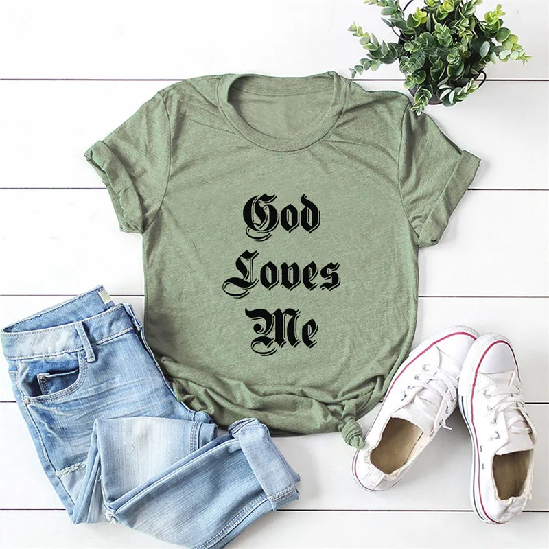 Harajuku футболка с надписью God Loves Me летняя размера плюс круглым вырезом топы