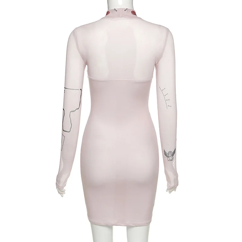

Mesh Transparent Stitching Women Dress Sexy Letter Print Long Sleeve O Neck Mini Night Club Party Dress Bodycon Robe Vestidos