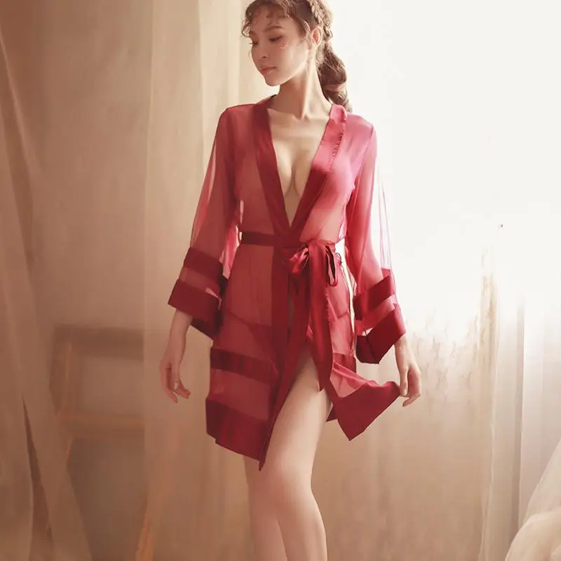 

Sexy Women Home Service Sleep Robes Solid Sash Loose Long Sleeve Gown Bath Robe Babydoll Lingerie Nightdress Lace-up Sleepwear