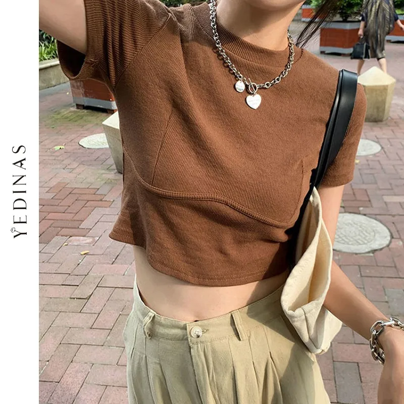 

Yedinas Summer Slim Fit Knitted T-shirts For Women Short Sleeve Crop Top Cotton Solid Ribbed T Shirts Designer Korean Basic Tee