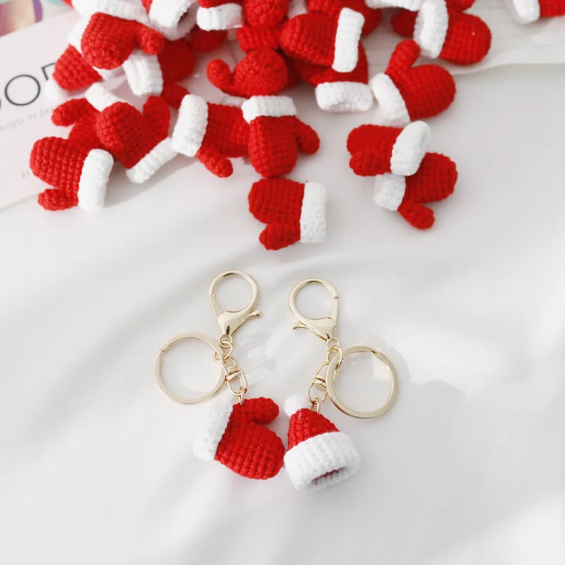 

Cute Mini Red Knitted Hat Glove Keychain Men Creative Car Key Accessory Pendant Keyring Christmas Gift