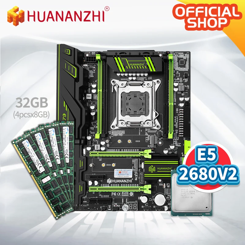 Материнская плата HUANANZHI X79 зеленого цвета с Intel XEON E5 2680 v2 4*8 ГБ DDR3 RECC память