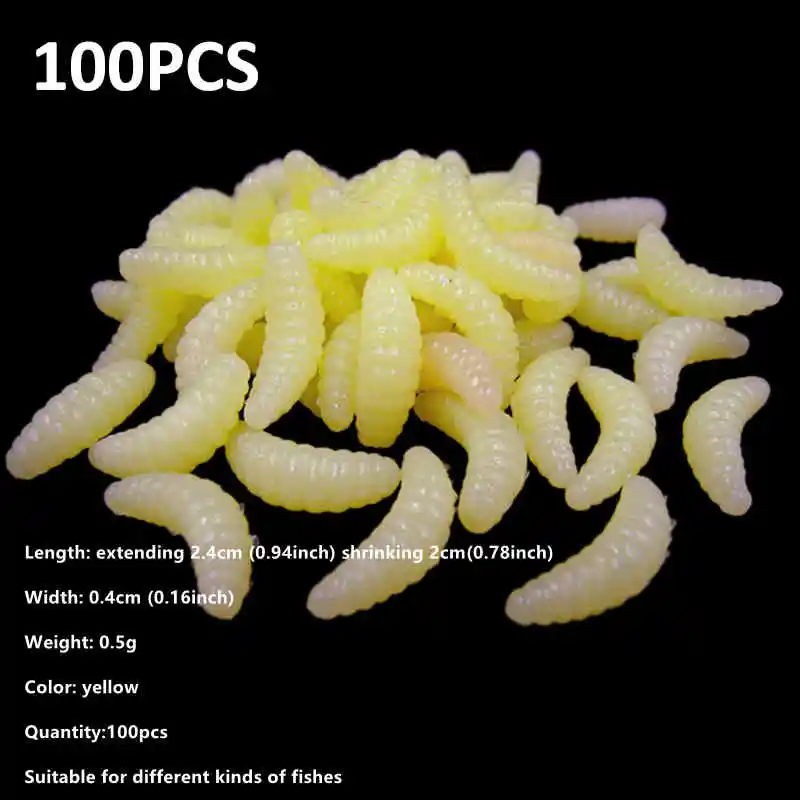 100PCs Lifelike Soft Worm Maggot 2.4cm Fishing Lures Yellow Simulation Bait Maggot Grub Worms Soft Plastic Fishing Lures Hot