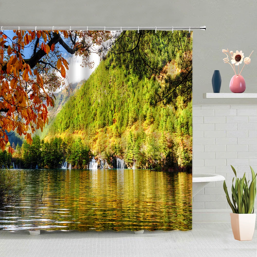 

Natural Landscape Shower Curtain Set Forest Trees Lake Mountain Park Autumn Scenery Bathtub Decoration Screen Washable With Hook