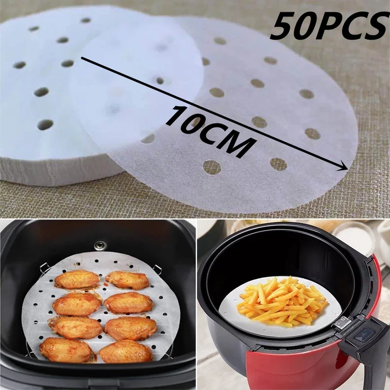 

50 Pcs Steaming Basket Mat Air Fryer Steamer Liners Premium Perforated Wood Pulp Papers Non-Stick Baking Cooking Accessories