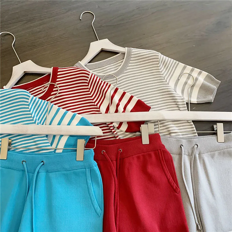 

2021 Summer Striped T-shirt For Women Style Home Two Piece Sets Women Casual Striped Top + Harlan Shorts Tracksuits Sweat Suits