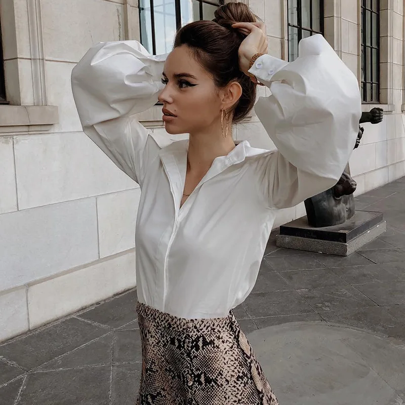 

2021 summer new lantern elegant sleeve black and white shirt sexy retro button shirt lapel office ladies casual top