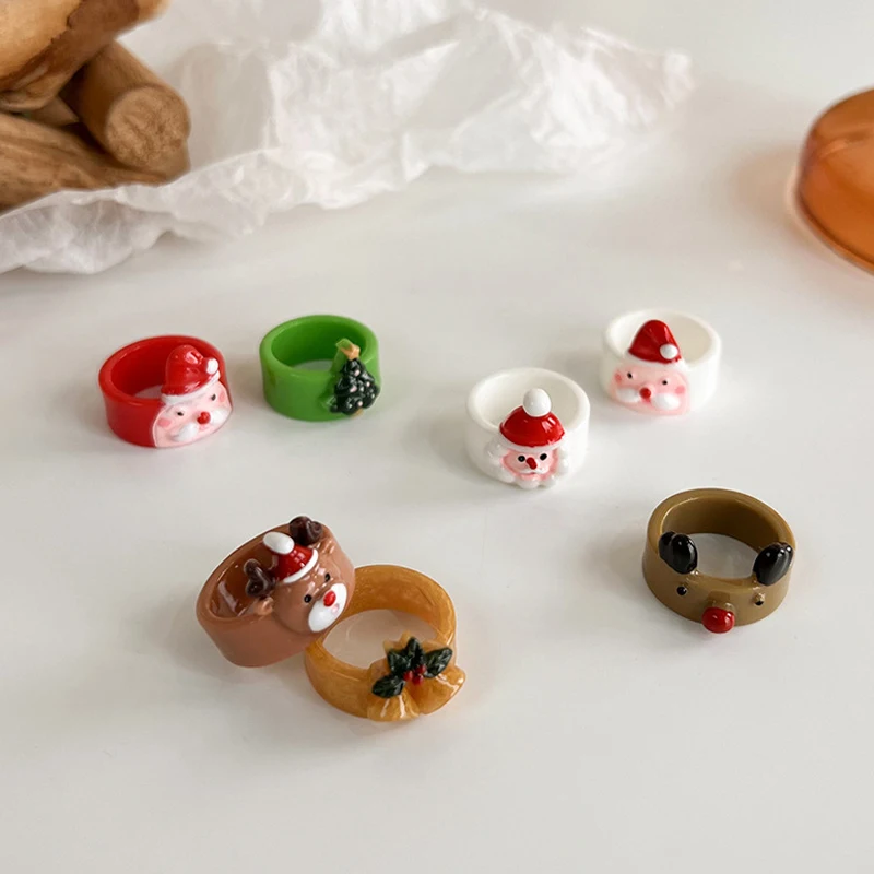 

Children Christmas Tree Ornaments Cartoon Napkin Ring Snowman Elk Candy Cane Rings Set For Women New Year Party Jewelry Gift