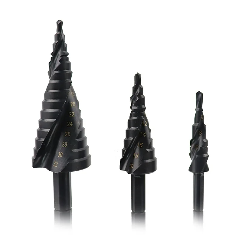 

3PCS HSS Rotating Step Drill Bit Set Nitrogen High Speed Steel Spiral For Round Shank Metal Drilling Cone Hole Woodworking Tools