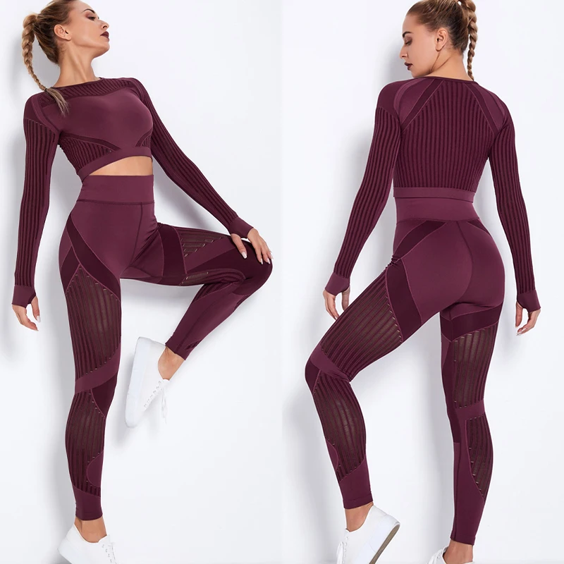

Women Clothing Yoga Gym Seamless Fitness Leggings Suit Top Long Sleeve Sport Clothes Solid Color And Sexy Workout Outdoor Set