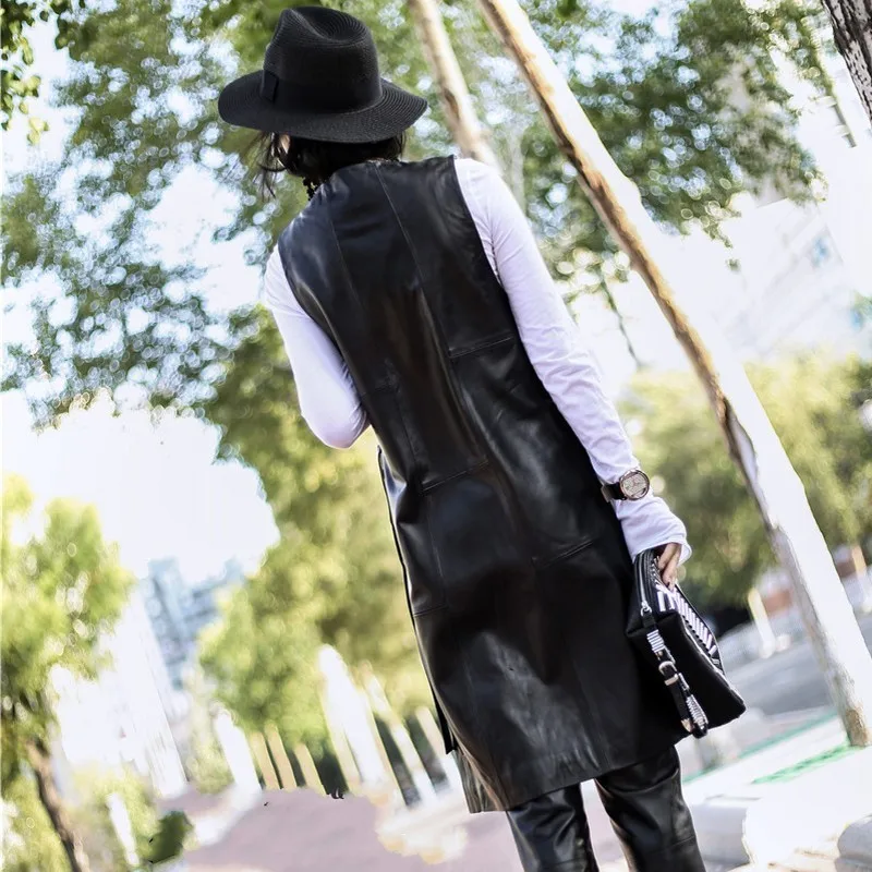 Модная женская повседневная куртка без рукавов из натуральной кожи длинный