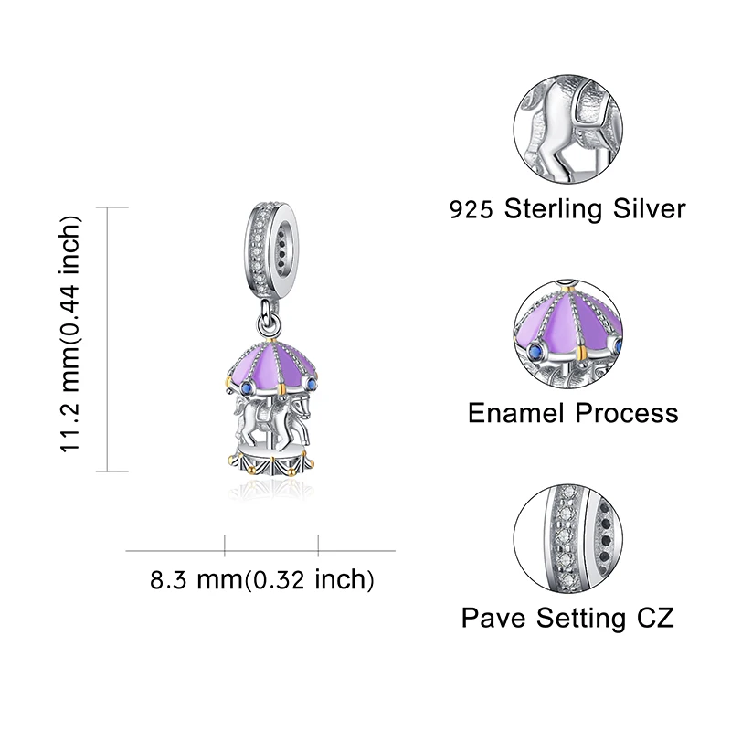

Fine Fit European Bracelet New 100% 925 Sterling Silver Cute Carousel Beads Purple Merry-go-round Charm for Girl Gift