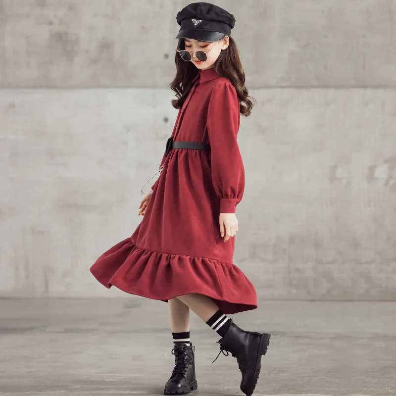 

10 12 years Girls Elegant Long Dress Buttons with Belt Fashion Casual Teen Girls Clothes Muslim Girls Dress