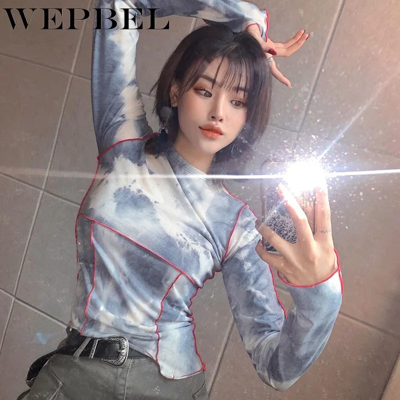 

Mandylandy Women Autumn Patchwork Shirt Lady Casual Long Sleeve O Neck Tie Dye Print T-shirt Top