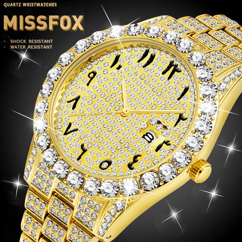 Дропшиппинг 2020 MISSFOX 18k золотые часы Для мужчин большой алмаз набора арабские