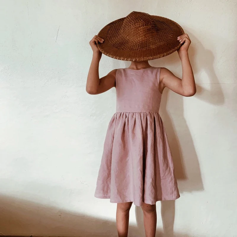 

Girls' dress 2021 summer new back split deep V-neck sleeveless cotton and linen dress TZ08