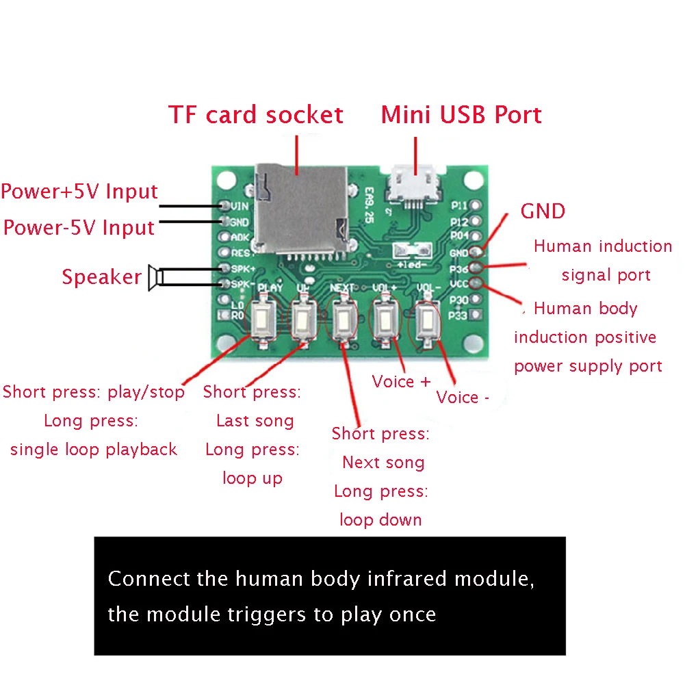 DIY MP3 диктофон для воспроизведения песен поддержка 3 Вт усилитель Пассивный