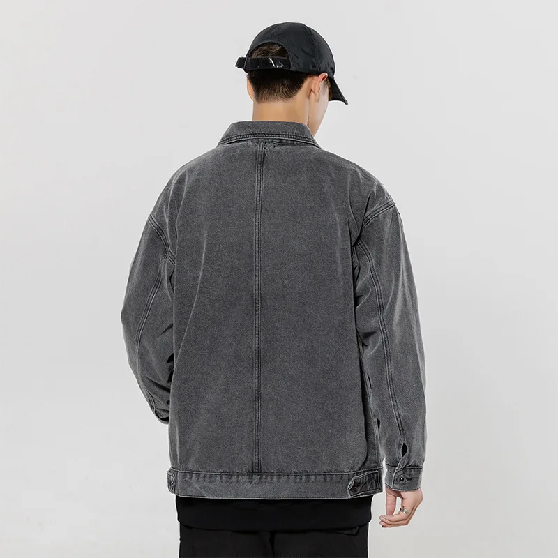 

Spring and summer smoky grey tooling Multi Pocket denim jacket men's loose large fat jacket fattening clothes