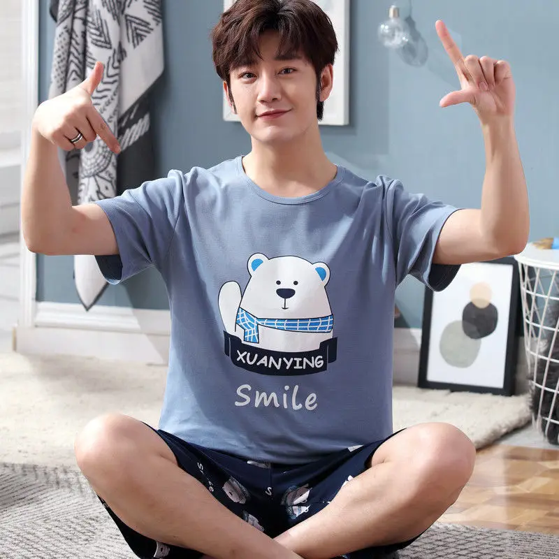 

Good Quality 100% Cotton Pajamas Men's Summer Short-sleeved Suit Skin-friendly Casual and Comfortable