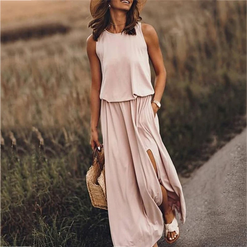 

2020 summer new women's casual round neck sleeveless split solid color dress