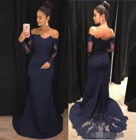 navy blue 2019 evening dresses mermaid lace long sleeves prom gown abiye off the shoulder formal evening dress