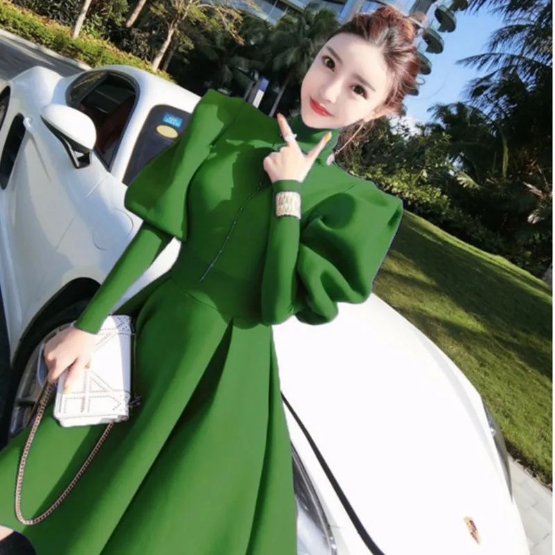 

Autumn Winter Elegant Turtleneck Dress for Women Solid Color Lantern Sleeve Slim Fit Korean Chic Dresses A-line Vestidos