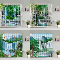 waterfall landscape shower curtain 3d window green forest pink flower crane goldfish mountain scenery bathroom screen washable