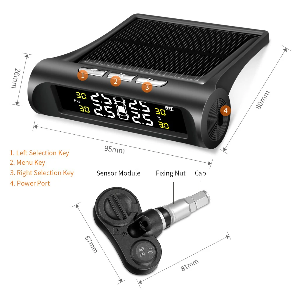 

Solar Power USB TPMS Car Tire Pressure Monitoring System LCD Display 4 External Sensors for Toyota SUV Temperature Warning