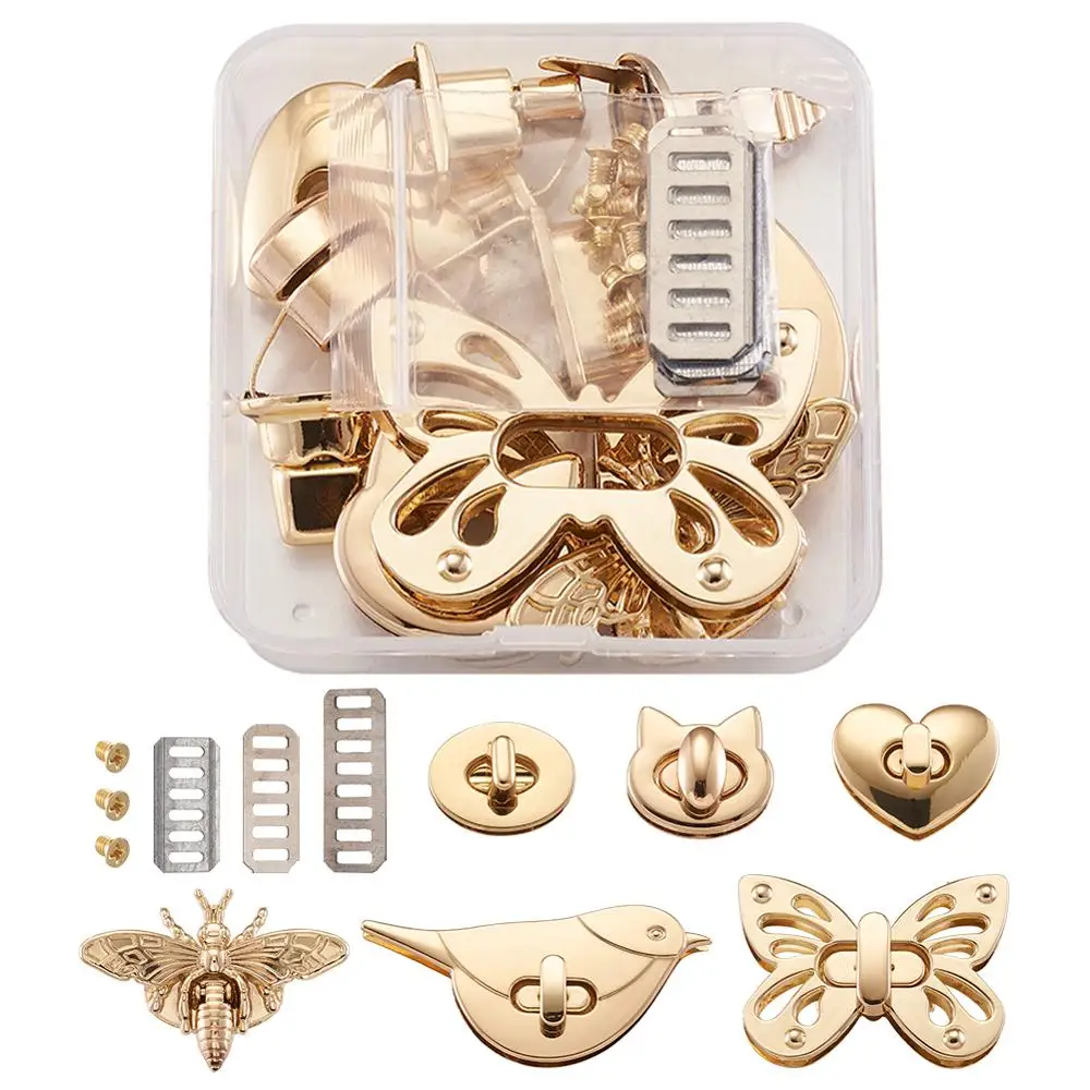 

pandahall Zinc Alloy Bag Twist Lock Accessories Handbags Turn Lock Mixed Shape Light Gold 6sets/box